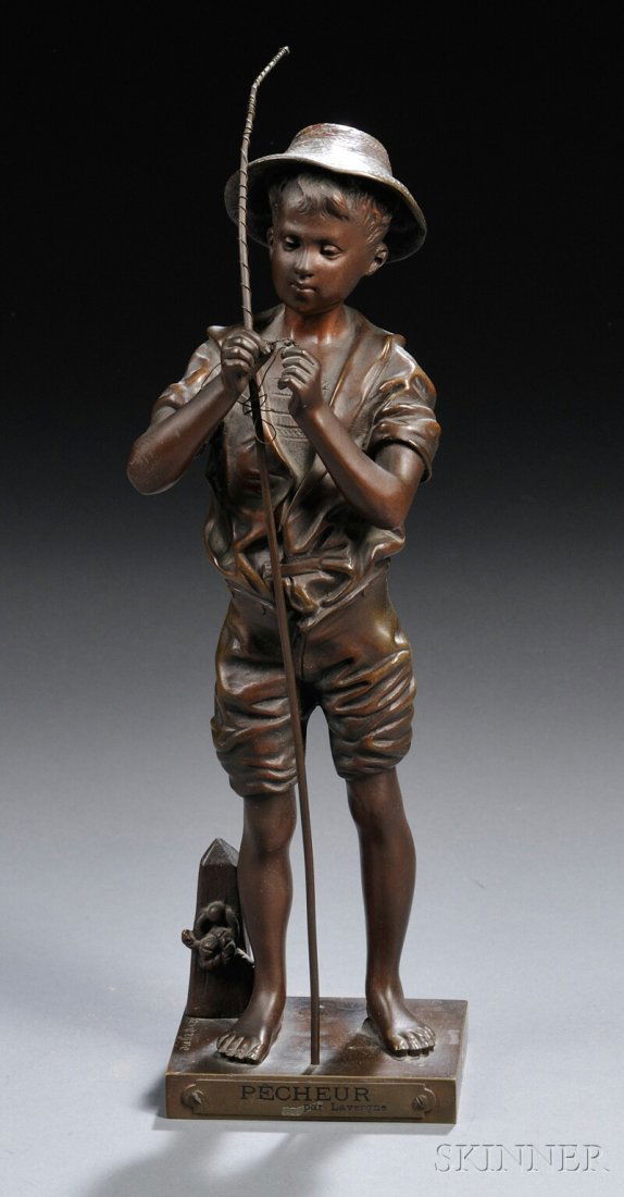 After Adolphe Jean Lavergne (French, 1852-1901) L: After Adolphe Jean Lavergne (French, 1852-1901) Le Pecheur, the bronze cast as a boy with his fishing rod over his shoulder untangling line, on a rectangular base with a title plaque, also signed "Lav