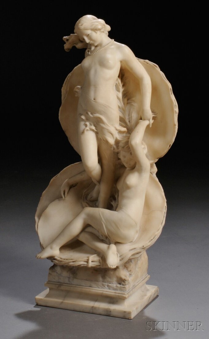 Continental School, 19th/20th Century Nymphs on a: Continental School, 19th/20th Century Nymphs on an Open Shell, the cream-colored marble with a standing figure with a beaded necklace, both nudes adorned with drapery and seaweed, on a square base, si
