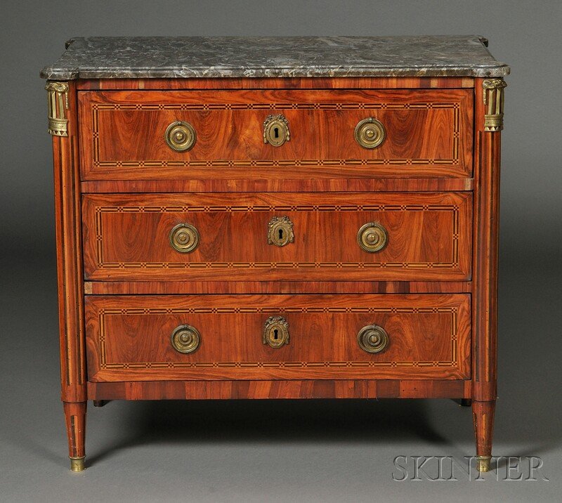 Louis VXI-style Marble-top Three-drawer Commode, F: Louis VXI-style Marble-top Three-drawer Commode, France, 19th century, with a figured gray Carrara marble top, drawer fronts veneered and framed by geometric bands mounted with brass escutcheons and c