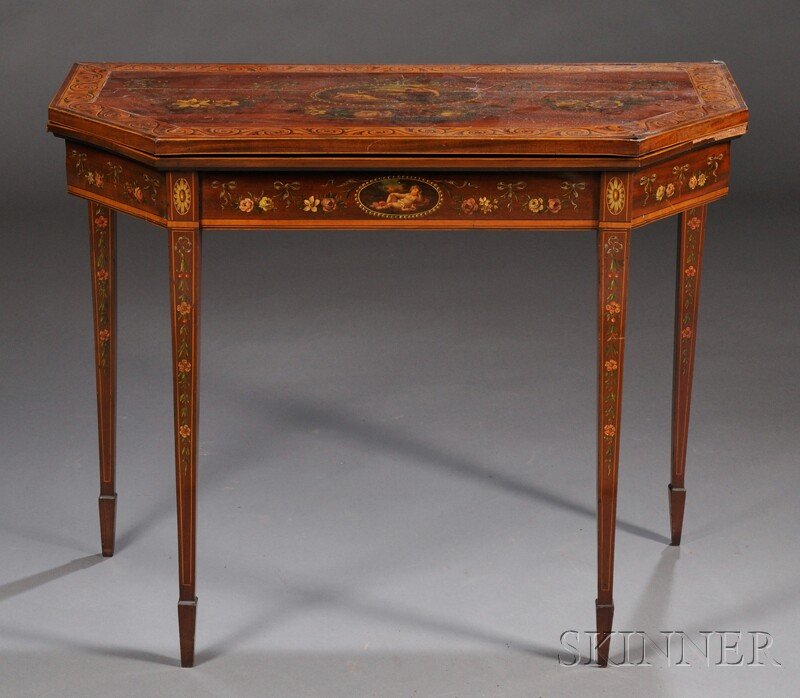 Regency-style Polychrome Paint-decorated Inlaid Ma: Regency-style Polychrome Paint-decorated Inlaid Mahogany Games Table, with a painted classical-style scene of a mother and child, with a fold-open felt mounted interior raised on tapered string-inlaid