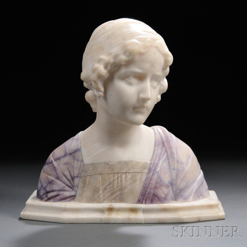 After Professor Giuseppe Bessi (Italian, 1857-1922: After Professor Giuseppe Bessi (Italian, 1857-1922) Mignon, the marble bust of a young girl with blue dye to dress, incised "Prof. G. Bessi" reverse l.r. and illegibly incised reverse l.l., ht. 14 in.