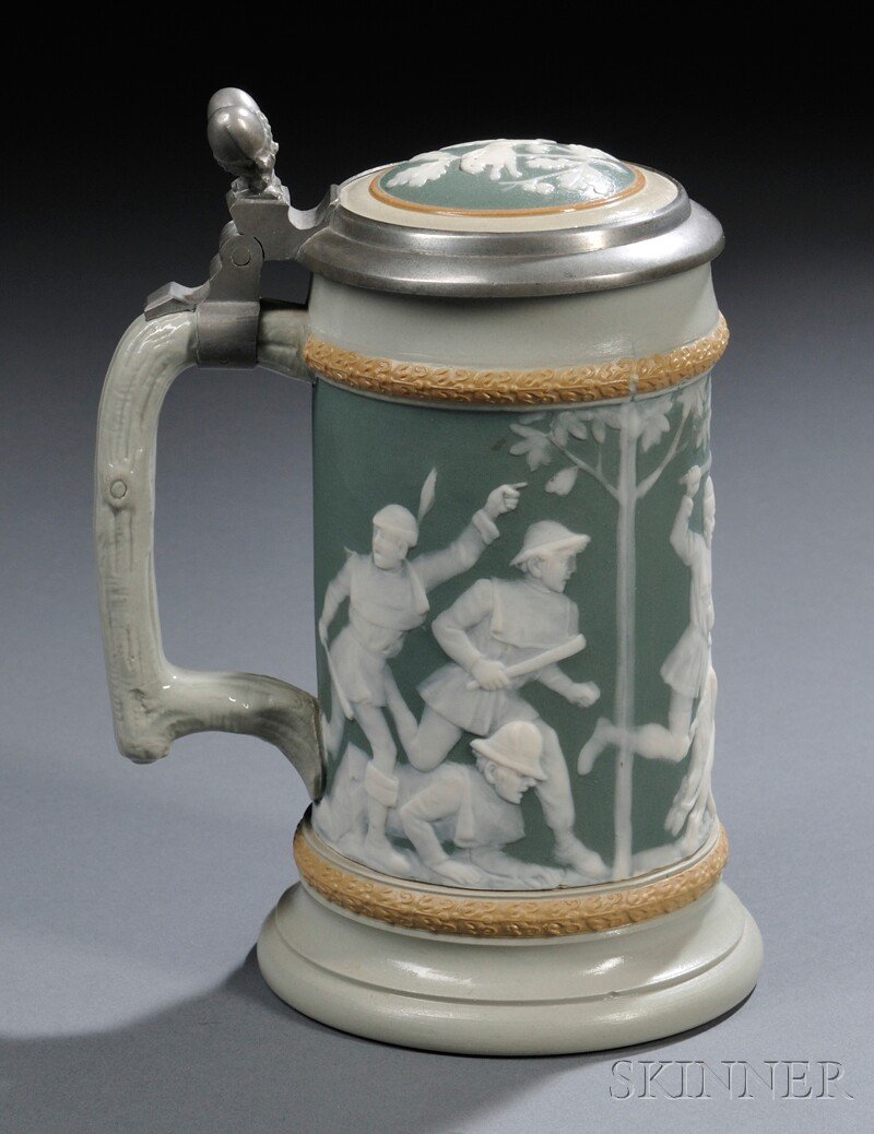 Mettlach Cameo Stein, Germany, 1885-1930, 3/10 lit: Mettlach Cameo Stein, Germany, 1885-1930, 3/10 litre with hinged pewter lid, dark green ground with white relief scene of boar hunt, number 2530, lid ht. 6 7/8 in.