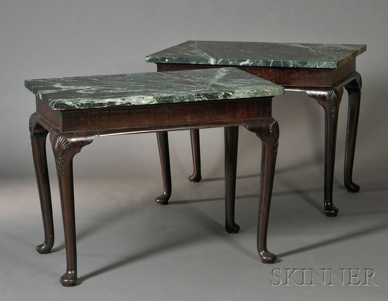 Pair of Queen Anne-style Marble-top Pier Tables, e: Pair of Queen Anne-style Marble-top Pier Tables, each with a verde antico marble top above a mahogany veneered frame with shell and pendant leafs to each knee, all on four pad feet, ht. 31, wd. 39 1/2