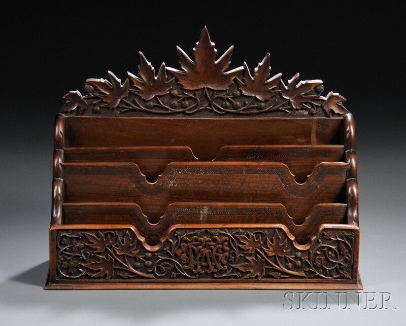 Black Forest Carved Letter Box, elaborately carved: Black Forest Carved Letter Box, elaborately carved throughout with scrolling oak branches and leaves, with central monogram to front and four letter slots, ht. 12, wd. 14 3/4, dp. 5 in.