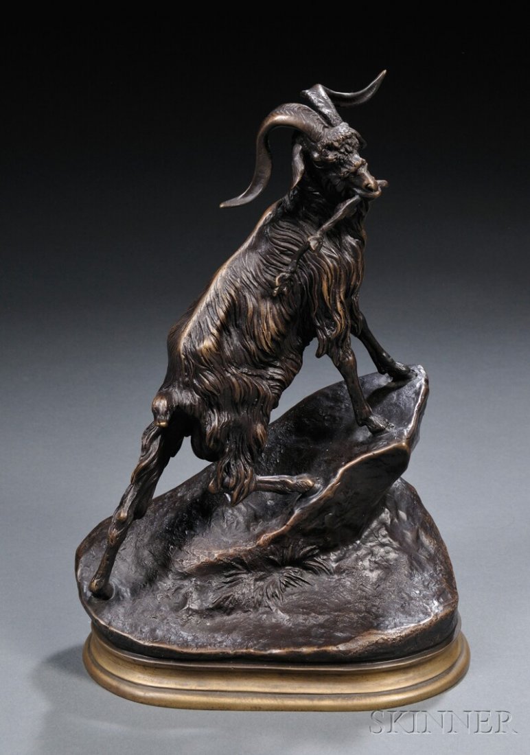 After Jules Moigniez (French, 1835-1894) Bronze F: After Jules Moigniez (French, 1835-1894) Bronze Figure of a Mountain Goat, cast standing on a rocky, naturalistic slope with a stick in its mouth, signed "J Moigniez," and raised on a gilt-bronze base
