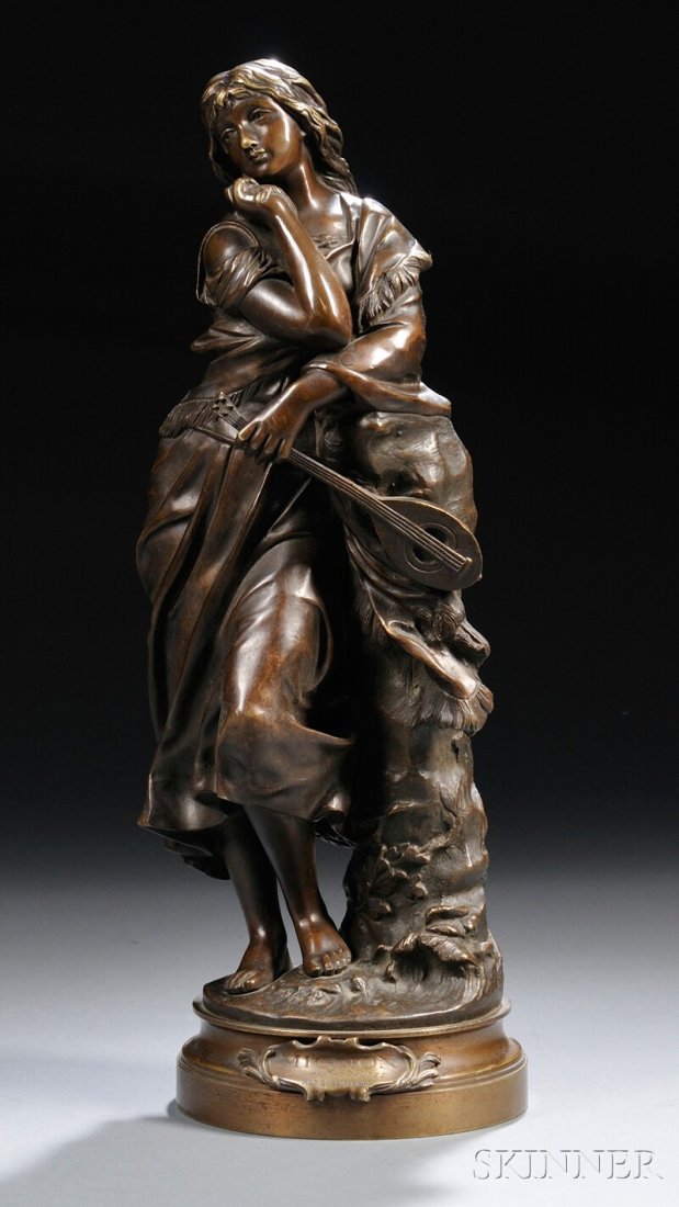 Adrien Etienne Gaudez (French, 1845-1902) Mignon,: Adrien Etienne Gaudez (French, 1845-1902) Mignon, bronze figure of a maiden with a lute leaning on a tree stump, signed to base "A GAUDEZ," with chocolate brown patination, further raised on a circula
