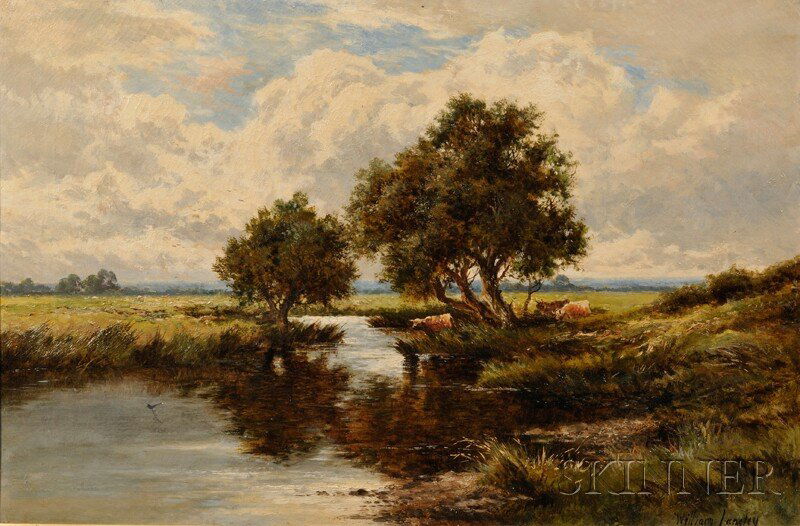 William Langley (British, 1852-1922), Cows Wateri: William Langley (British, 1852-1922) Cows Watering at a Stream Signed "William Langley" l.r. Oil on canvas, 20 x 30 in. (50.3 x 76.0 cm), framed. Condition: Surface grime.