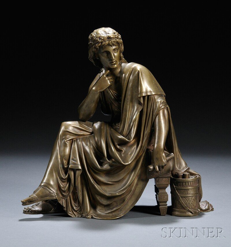 After Leon Pilet (French, 1836-1916) Virgil, the: After Leon Pilet (French, 1836-1916) Virgil, the bronze seated poet cast in a pensive pose and holding a manuscript of Eneide, the container behind seat incised "L. Pilet," lacking foundry mark, wi