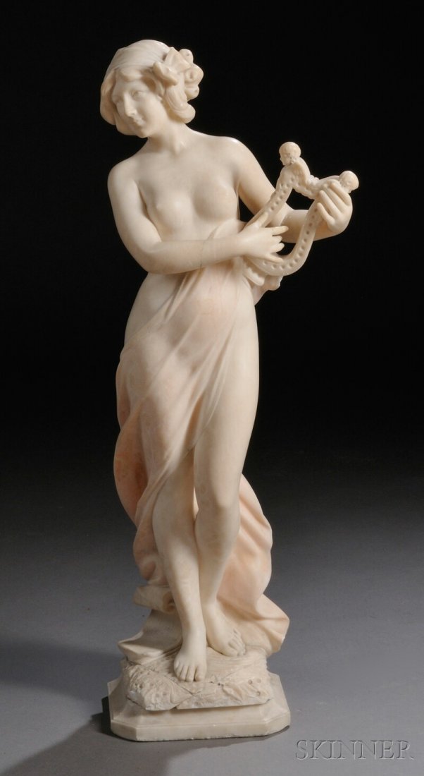 Continental School, 20th Century Maiden with a Ly: Continental School, 20th Century Maiden with a Lyre, the marble carved as a standing scantily clad figure with a bow in her upswept hair and sheet music at her feet, unsigned, on separate rectangular 