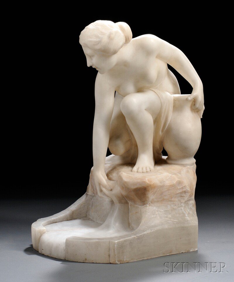 Continental School, Late 19th Century Alabaster F: Continental School, Late 19th Century Alabaster Figure of a Female Nude Crouching by a Fountain, modeled as a maiden crouching above a pool of water clutching a large vessel behind her, incised signat