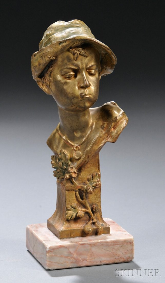 German School, Late 19th/Early 20th Century Gilt-: German School, Late 19th/Early 20th Century Gilt-bronze Bust of a Boy Smoking a Cigarette, cast on a bronze pedestal mounted with an oak branch further raised on a square marble base, unsigned, bronze