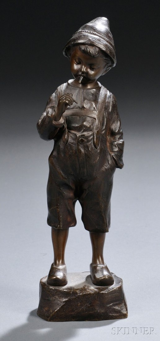 After Paul Schmidt-Felling (German, 1835-1920) Br: After Paul Schmidt-Felling (German, 1835-1920) Bronze Figure of a Boy Smoking a Cigarette, cast wearing lederhosen with one hand in his pocket and the other lighting the cigarette in his mouth, signed