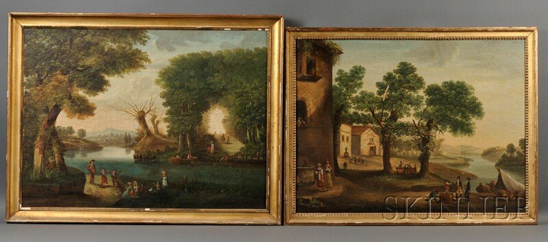 Continental School, 19th Century, Two Framed Genre: Continental School, 19th Century Two Framed Genre Paintings: Tapping the Wine Keg and Merrymaking by the River's Edge Unsigned. Both oil on canvas, sizes to 25 x 33 3/4 in. (63.5 x 85.7 cm).