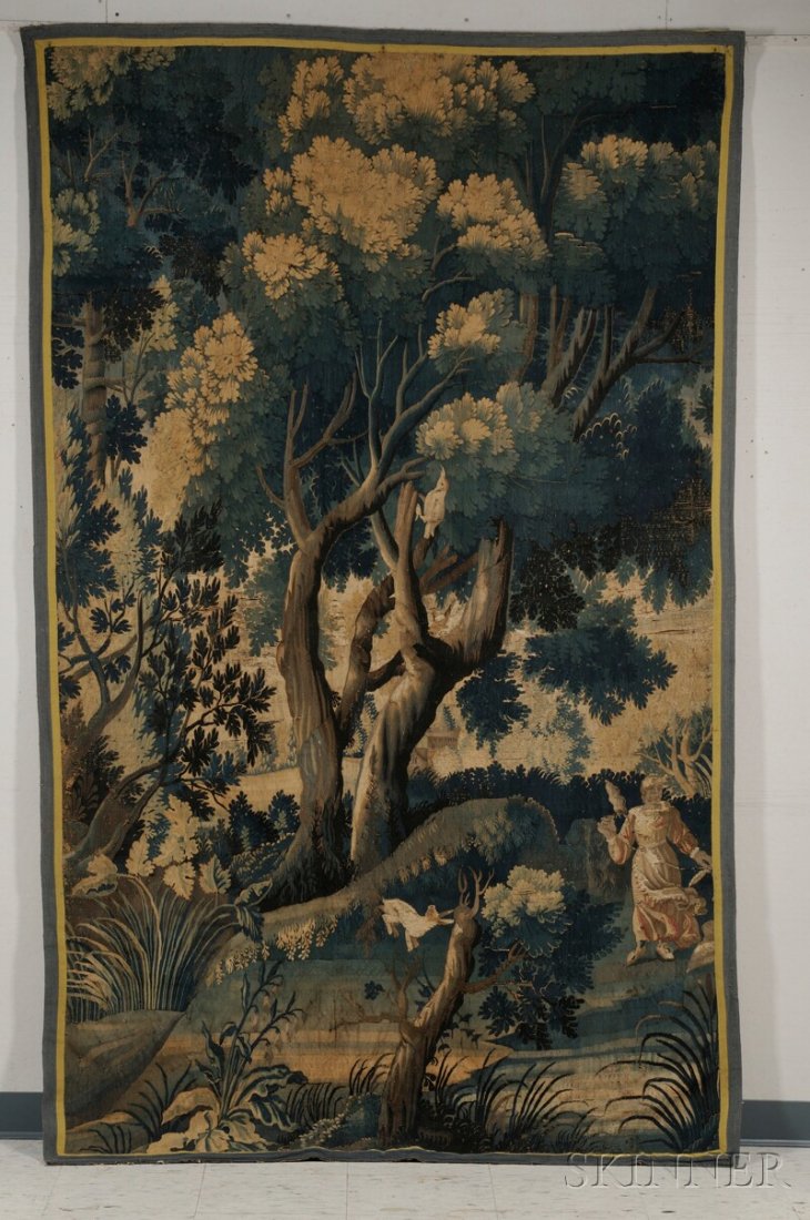 Aubusson Verdure Tapestry Fragment, 18th/19th cent: Aubusson Verdure Tapestry Fragment, 18th/19th century, showing a falconer against a variegated boscage with a rabbit and bird, approx. 101 x 61 1/2 in.