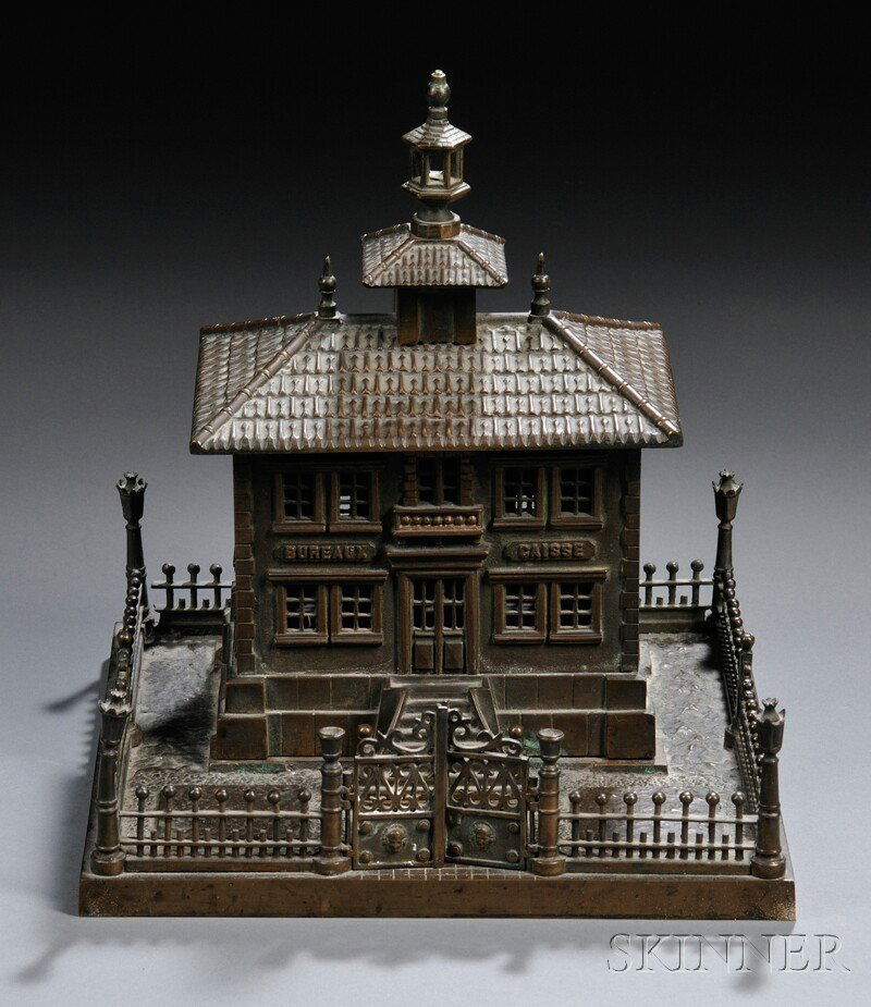 Continental School, 20th Century Bronze Model of: Continental School, 20th Century Bronze Model of a Mansion, cast as a two-storey building labeled to front "BUREAUX CAISSE" raised on platform cast as the yard of the building with an exterior fence a