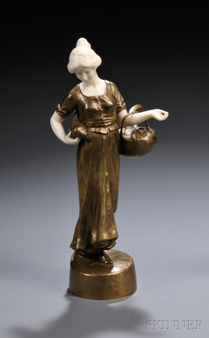 After Peter or Paul Tereszczuk (Austrian, Late 19t: After Peter or Paul Tereszczuk (Austrian, Late 19th/Early 20th Century) Bronze and Ivory Figure of a Peasant Woman with Pheasants, cast with a pheasant clutched on one hip and basket with a pheasant b