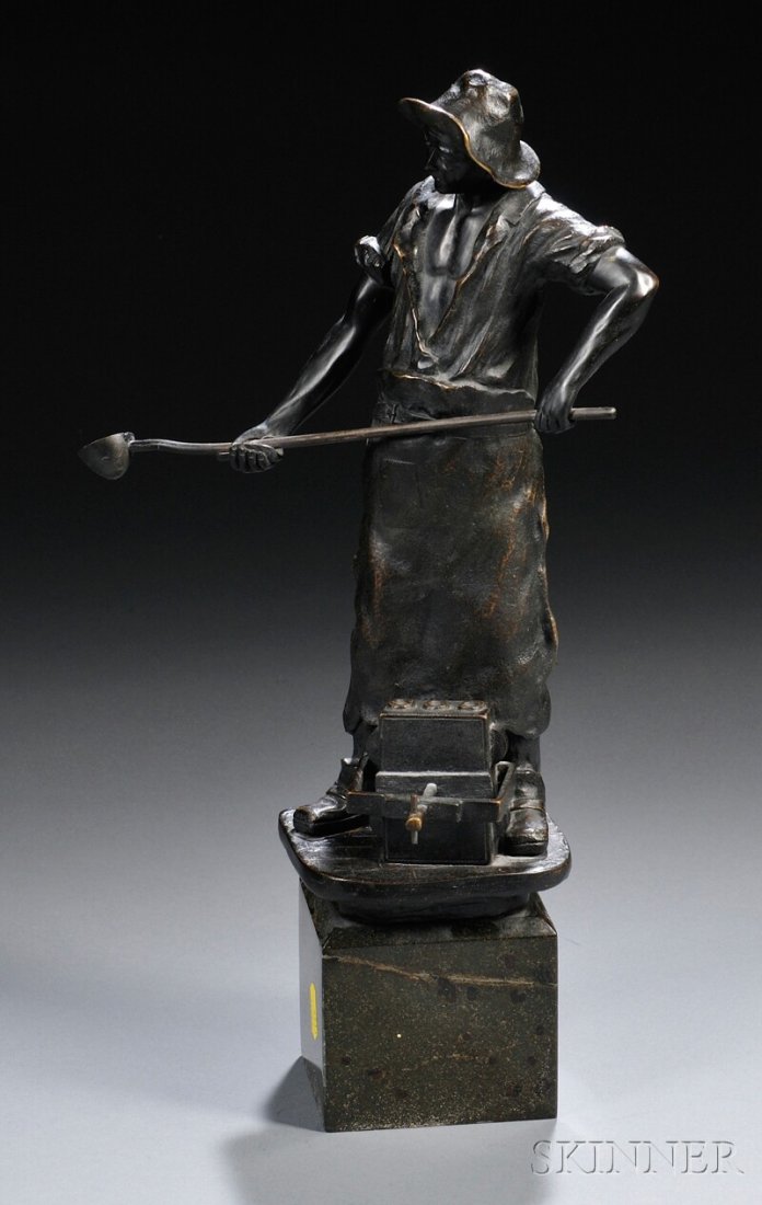German School, Late 19th/Early 20th Century Bronz: German School, Late 19th/Early 20th Century Bronze Figure of a Metal Worker, figure about to pour metal into a mold, on a base modeled as a cobbled floor, further raised on a square marble pedestal, b