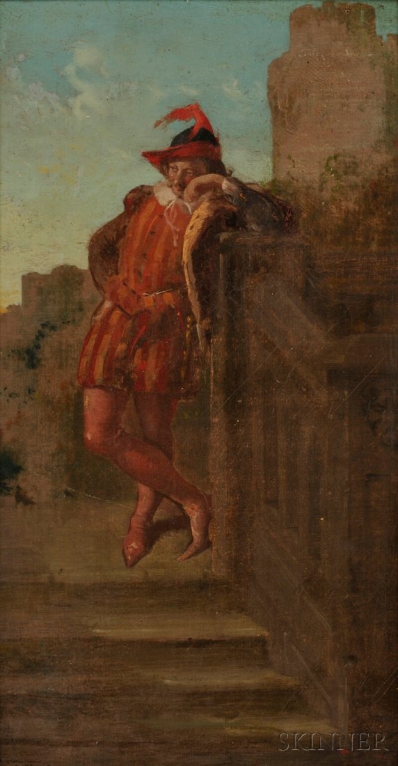 Continental School, 19th Century, Cavalier Waiting: Continental School, 19th Century Cavalier Waiting by a Garden Stair, Style of Meissonier Unsigned, with a handwritten label inscribed "...Bukowski.../...Messonier [sic affixed to the stretcher