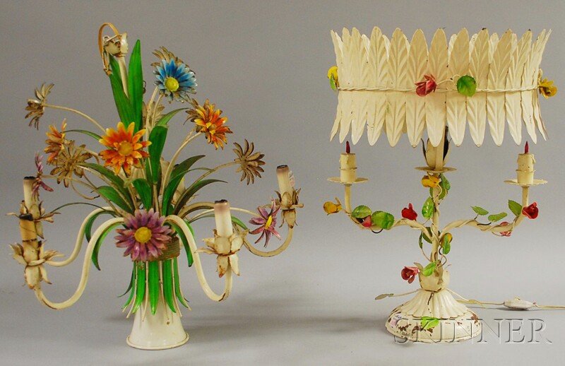 Two Pieces of Vintage Italian Polychrome-painted Met: Two Pieces of Vintage Italian Polychrome-painted Metal Floral-form Lighting, a five-light chandelier and a three-light table lamp with shade.