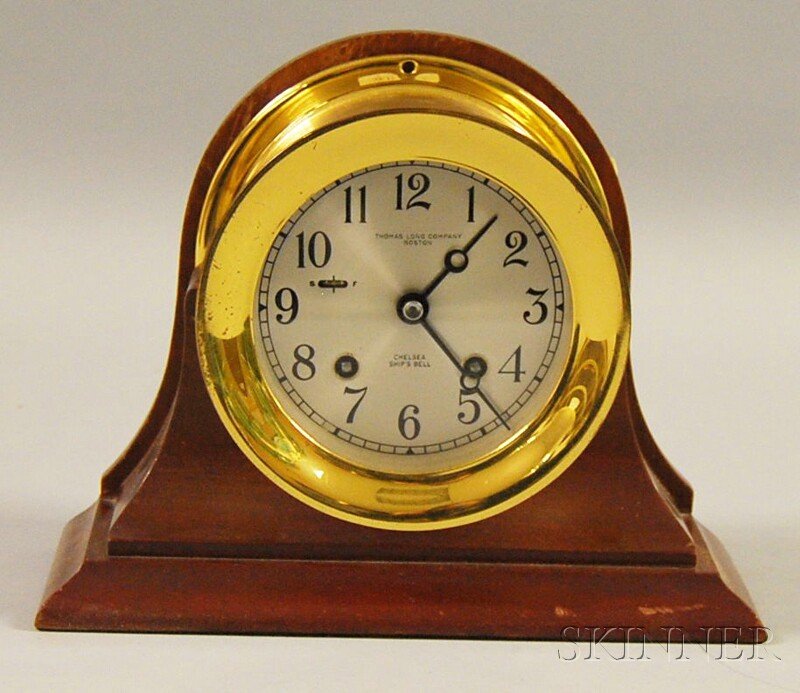 Brass and Mahogany "Chelsea Ship's Bell" Clock, Tho: Brass and Mahogany "Chelsea Ship's Bell" Clock, Thomas Long Company, Boston, model no. 717367, ht. 7 1/2, wd. 9 1/4 in.
