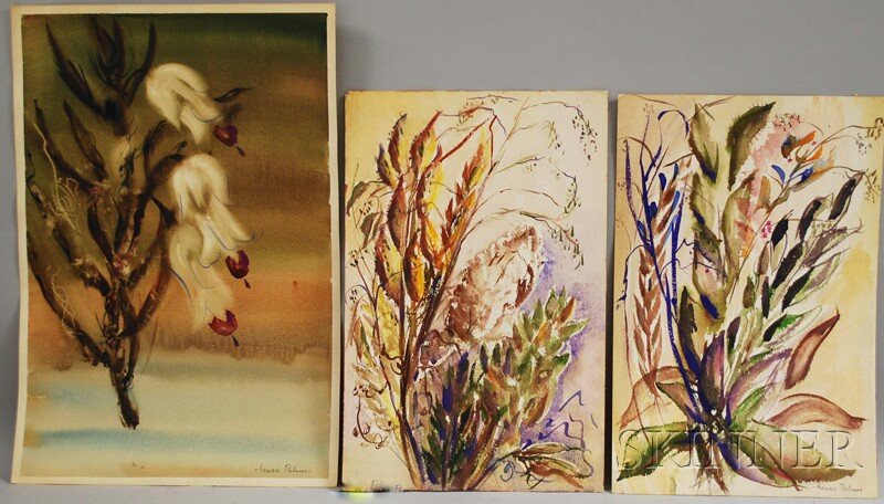 Henriette Palmer (American, 1909-1988) Three Unfram: Henriette Palmer (American, 1909-1988) Three Unframed Floral Watercolors. Two signed "henrie Palmer" l.r., one unsigned double-sided work. Sheet sizes to 22 x 15 in., all unmatted, unframed, (toning).