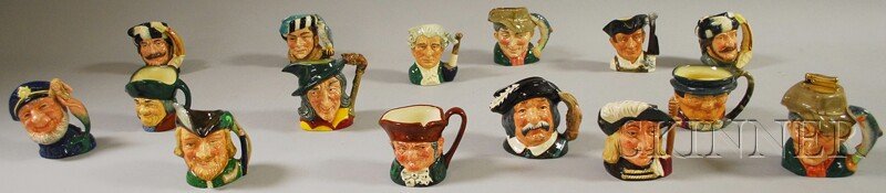 Fourteen Assorted Royal Doulton Ceramic Character: Fourteen Assorted Royal Doulton Ceramic Character Jugs and a Lighter, Aramis D6454, Toby Philpots, Pied Piper, Tony Weller, The Poacher (two), Apothecary D6574, The Trapper D6612 (two), Old Charley, O