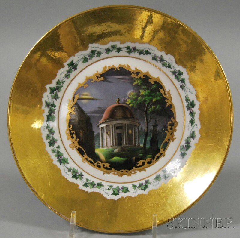 KPM Hand-painted Porcelain Cabinet Plate, Berlin,: KPM Hand-painted Porcelain Cabinet Plate, Berlin, mid to late 19th century, depicting a mausoleum in moonlight, with a band of ivy vines, and gilt border, with factory mark, dia. 7 1/8 in.