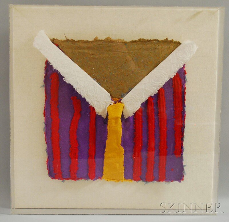 JoAnn Savage (American, 20th Century) Untitled [Th: JoAnn Savage (American, 20th Century) Untitled [The Formal Shirt]. Inscribed "signed on piece lower right JoAnn Savage" on the reverse. Pulp paper, shadow box frame size 24 x 24 in. Condition: Not e