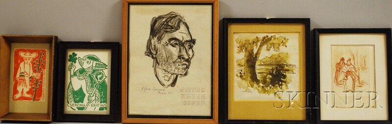 Five Framed Works on Paper: Alfred P. Czerepak (Am: Five Framed Works on Paper: Alfred P. Czerepak (American, 1928-1986), Portrait Head, signed and dated "Alfred Czerepak/Mexico -64-" l.l., charcoal on paper, 11 x 8 1/4 in.; and two lithographs on card