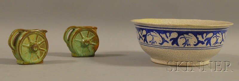 Three Pieces of American Pottery, a Dedham Rabbit: Three Pieces of American Pottery, a Dedham Rabbit bowl, underglaze mark to base, ht. 3 1/4, dia. 7 7/8, and two small Frankoma green and brown glazed wagon wheel cream jugs, impressed factory mark to 