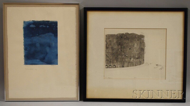 Two Works on Paper: Beth Van Hoesen (American, 192: Two Works on Paper: Beth Van Hoesen (American, 1926-2010), Portofino, signed and dated "'60 beth van Hoesen" l.r., numbered "99/110" l.c., etching, sight size 8 1/2 x 10 1/4 in., framed, (mat burn); L