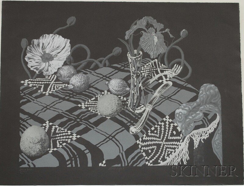 Jack Beal (American, b. 1931) Still Life II. Signe: Jack Beal (American, b. 1931) Still Life II. Signed "Jack Beal" l.r., titled l.c., inscribed "bon a tirer" l.l. Color lithograph, sheet size 22 1/4 x 29 in., unframed. Condition: Good.