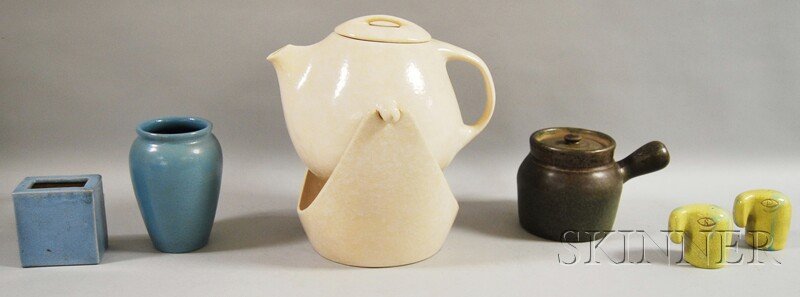 Six Pieces of Assorted Art Pottery, a square plan: Six Pieces of Assorted Art Pottery, a square planter, Fulper bean pot, Paul Revere Pottery vase, a pair of salt and pepper shakers, and a Raymor tilting beverage jug on stand.