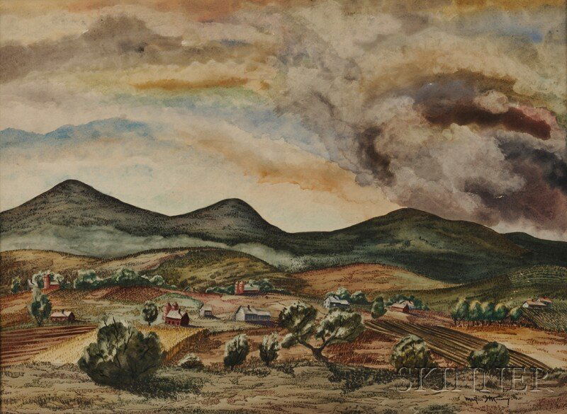 Martin Joseph Murray (American, 1908-1997) Summer: Martin Joseph Murray (American, 1908-1997) Summer Storm. Signed and dated "Martin J. Murray - 45" l.r., titled on a label affixed to the reverse. Watercolor on paperboard, 22 x 30 in., framed. Con