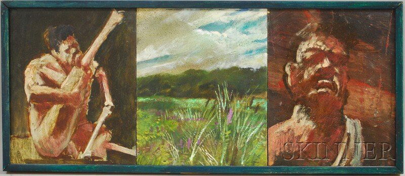 Adam Cvijanovic (American, b. 1960) Erysichthon. U: Adam Cvijanovic (American, b. 1960) Erysichthon. Unsigned. Oil on Masonite, 9 3/4 x 24 in., triptych in single frame. Condition: Minor surface grime.