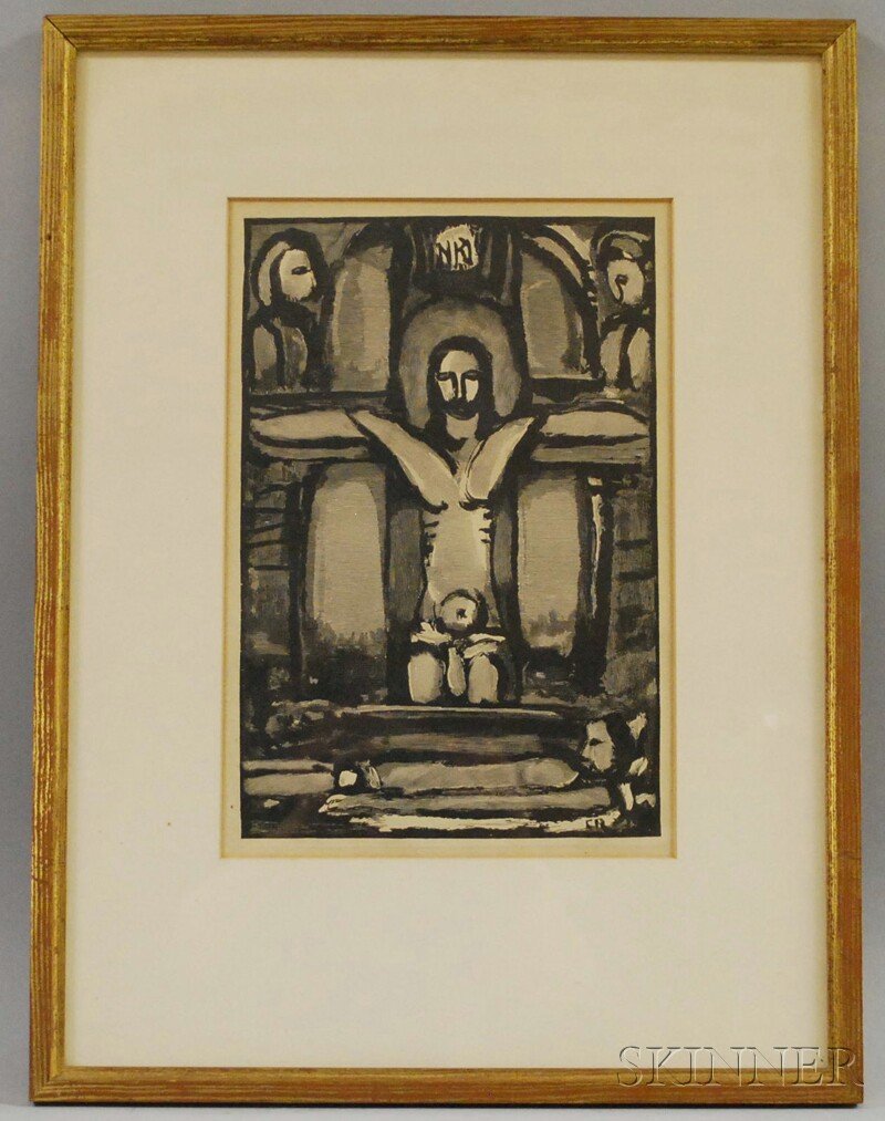 After Georges Rouault (French, 1871-1958) Le Passi: After Georges Rouault (French, 1871-1958) Le Passion. Initialed "GR" in the block l.r., inscribed "52-10-29 La Passion" in pencil l.l. Wood engraving on paper, sight size 11 3/4 x 7 7/8 in., framed.