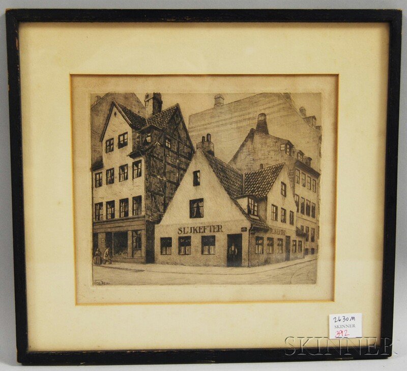 Continental School, 20th Century Cafe Slukefter, C: Continental School, 20th Century Cafe Slukefter, Christianshavn, Copenhagen, Denmark. Initialed "JPE" and dated 1920 within the plate l.l. Etching on paper, plate size 6 1/2 x 7 3/4 in., framed. Condi