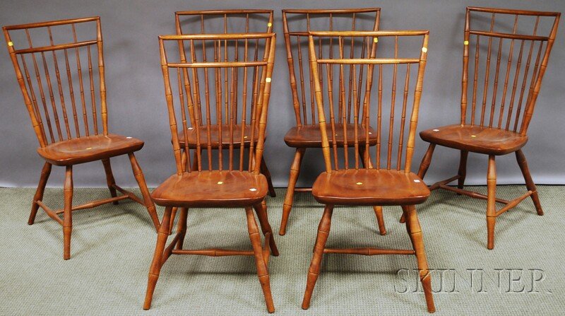 Set of Six Nichols & Stone Windsor-style Maple Bir: Set of Six Nichols & Stone Windsor-style Maple Birdcage Dining Chairs, 1993, branded mark and paper label.