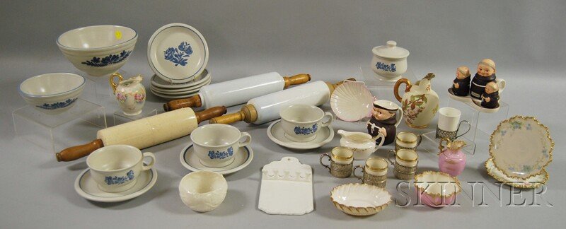 Assorted Ceramic and Glass Tableware and Collectib: Assorted Ceramic and Glass Tableware and Collectible Items, a partial set of Pfaltzgraff tableware, a Goebel monk creamer and condiment set, a set of four demitasse cups in silver-plated frames, eleve