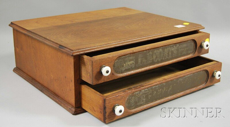 Late Victorian Walnut Two-drawer Coats Retail Coun: Late Victorian Walnut Two-drawer Coats Retail Countertop Spool Cabinet, with porcelain drawer pulls, ht. 6 1/2, wd. 19, dp. 15 1/2 in.