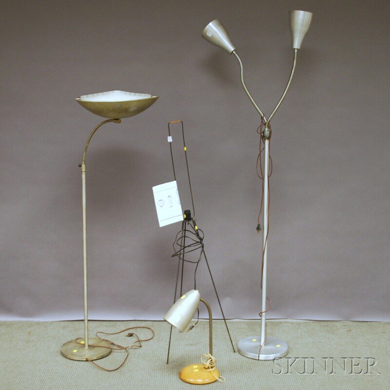 Four Pieces of Modern Lighting, a Noguchi Atari me: Four Pieces of Modern Lighting, a Noguchi Atari metal lamp frame/base, an aluminum floor lamp, an adjustable aluminum and metal floor lamp, and an adjustable aluminum and wood desk lamp.