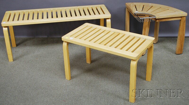 Two Alvar Aalto Blondewood Slat-top Benches and a: Two Alvar Aalto Blondewood Slat-top Benches and a Teak Quarter-round Stand, ht. 17 1/2, lg. 28 1/4, and ht. 18 3/4, lg. 44 in.