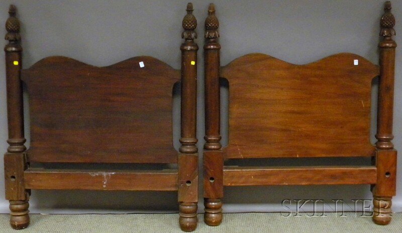 Pair of Twin Turned Walnut Headboards with Carved: Pair of Twin Turned Walnut Headboards with Carved Pineapple Finials.