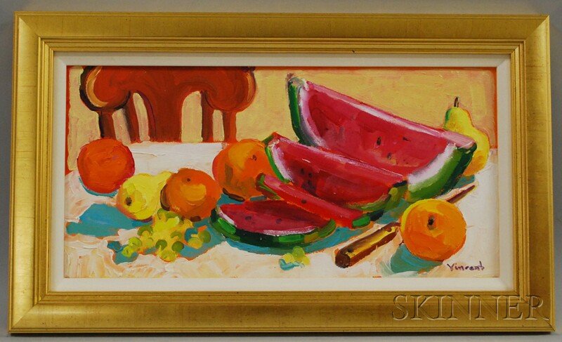 American School, 20th Century Still Life with Wate: American School, 20th Century Still Life with Watermelon and Oranges. Signed "Vincent" l.r., with a label from J. Todd Galleries, Wellesley, Massachusetts, affixed to the reverse. Oil on canvas, 10 x 