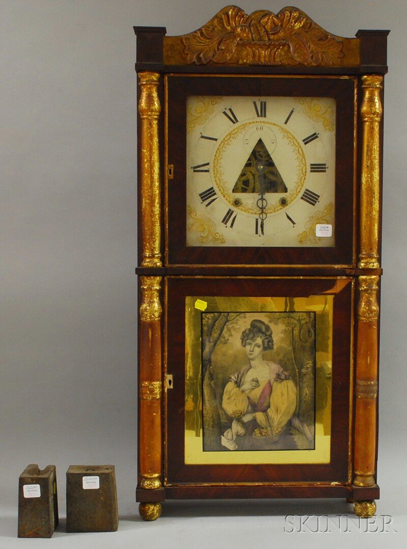 E. Terry & Sons Classical Parcel-gilt and Mahogany: E. Terry & Sons Classical Parcel-gilt and Mahogany Veneer Shelf Clock, with gesso crest and split-balusters, the door lower panel with eglomise framed applied print portrait, painted wood dial, brass 