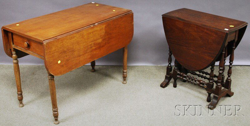 Small William & Mary-style Walnut Drop-leaf Gate-l: Small William & Mary-style Walnut Drop-leaf Gate-leg Table and a Late Federal Cherry Drop-leaf Table with End Drawer.