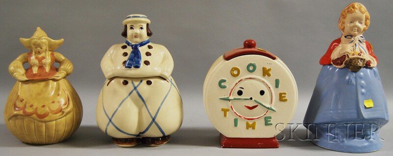 Four Vintage Ceramic Cookie Jars, a Little Red Rid: Four Vintage Ceramic Cookie Jars, a Little Red Riding Hood, Cookie Time, USA Dutch Boy, and Red Wing Dutch Girl.
