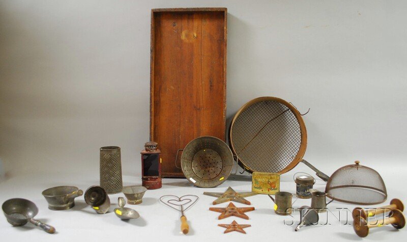 Twenty-one Tin and Wooden Kitchen and Domestic Ite: Twenty-one Tin and Wooden Kitchen and Domestic Items, including ten pieces of tinware, three cast iron building stars, a wire mesh food dome, two small tin retail boxes, a painted tin lantern, two woo