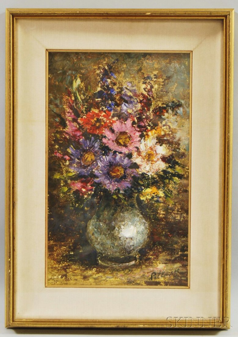 Continental School, 20th Century Still Life with V: Continental School, 20th Century Still Life with Vase of Flowers. Signed l.r., possibly "Pillasses." Oil on board, sight size 14 1/2 x 9 in., framed (under glass). Condition: Not examined out of frame