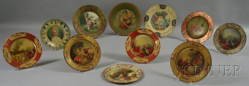 Eleven Early 20th Century Lithographed Tin Plates,: Eleven Early 20th Century Lithographed Tin Plates, including Daher Ware, Baret Ware, Ragus Tea, and Vienna-type.